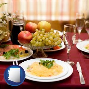 a gourmet restaurant table setting, with entree and appetizer - with Arizona icon