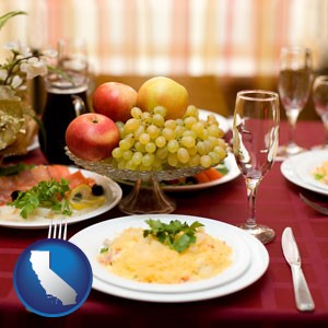 a gourmet restaurant table setting, with entree and appetizer - with California icon