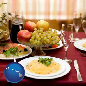 a gourmet restaurant table setting, with entree and appetizer - with Hawaii icon