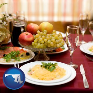 a gourmet restaurant table setting, with entree and appetizer - with Maryland icon