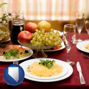 a gourmet restaurant table setting, with entree and appetizer - with Nevada icon