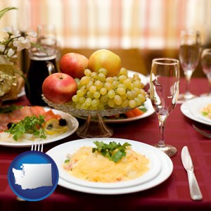 a gourmet restaurant table setting, with entree and appetizer - with Washington icon