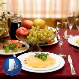 a gourmet restaurant table setting, with entree and appetizer - with Rhode Island icon